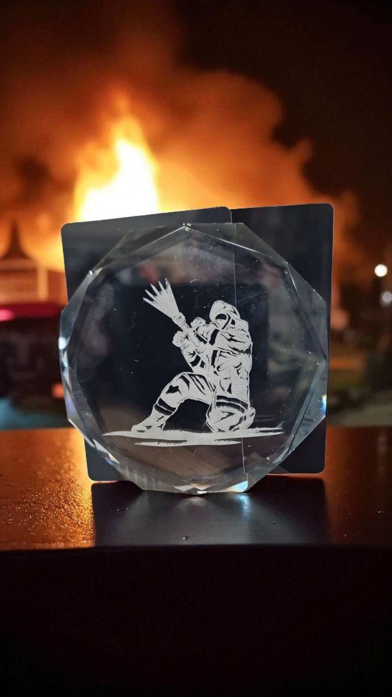 Facettierter Kristallglas-Pokal mit Feuerwehr-Motiv